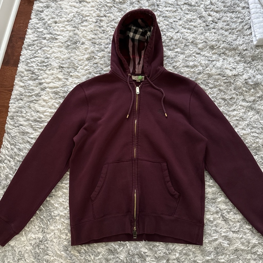 Burberry Burgundy Zip-Up Hoodie with Check Lining